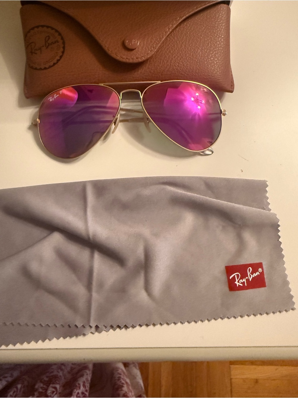 Ray-Ban Gold Aviator Sunglasses with Pink/Purple Mirrored Lenses